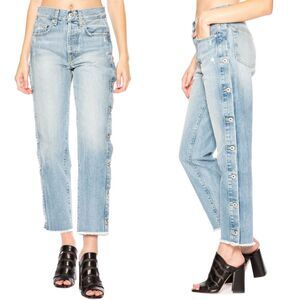 Jonathan Simkhai Side Button Jeans Light Wash Distressed Denim Straight Leg